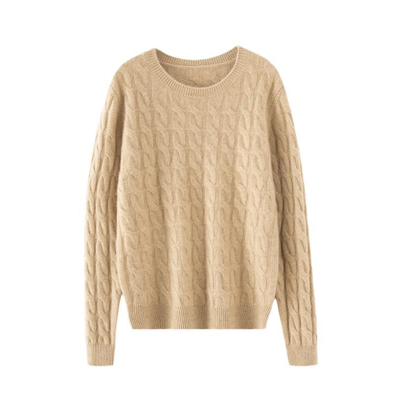 2024 Fall/Winter Women's Cashmere Loose Knit Pullover with Round Neck & Cable Design