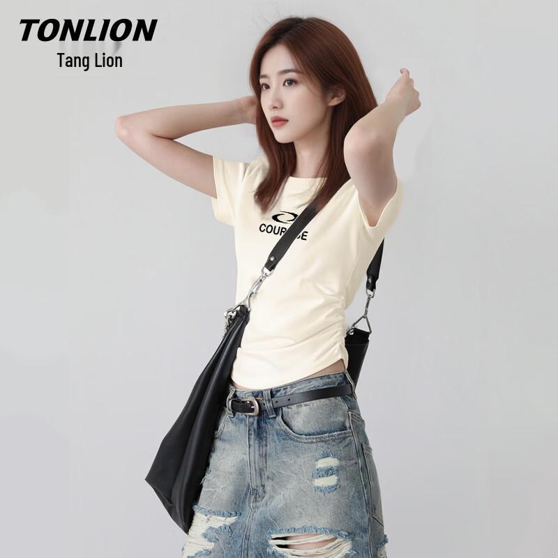 TonLion Women s Summer Pleated Slim-Fit Short Sleeve T-Shirt L