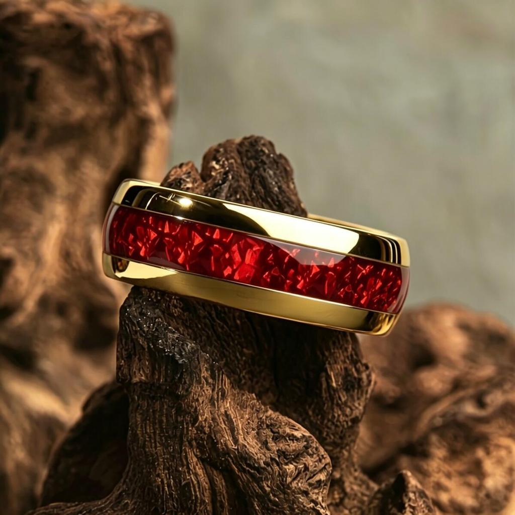 Fashion 8mm Men Stainless Steel Rings Gold Color Brushed Red Pomegranate Inlay Rings for Men Wedding Jewelry Christmas Gift