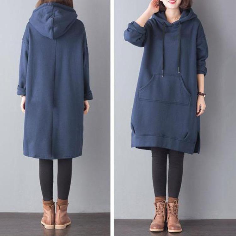 Damen Lockerer Dicke Hoodie Einfarbige Herbst Winter Plüsch Pullover mit Großer Tasche Kordelzug Geschlitzter Saum Knielang Tägliches Oberteil