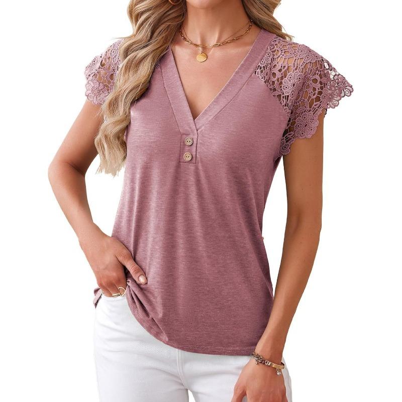 Women S Loose V Neck Short Sleeve Lace Trim Casual Top