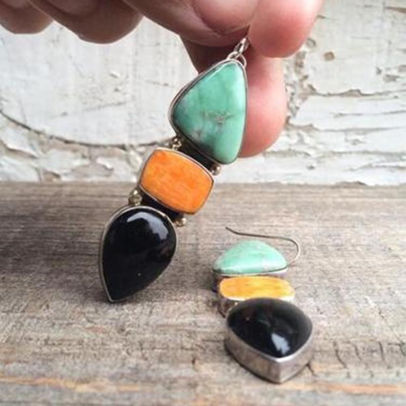 Vintage Bohemian Geometric Irregular Faux Stone Resin Women's Dangle Earrings Tibetan Statement Hook Wedding Party Jewelry