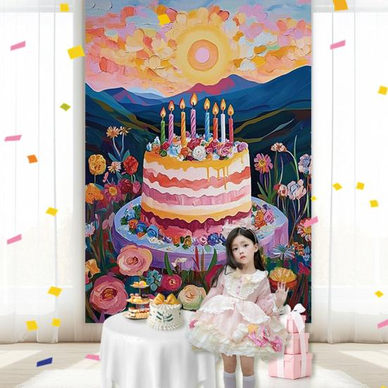 Happy Birthday Backdrop Decorations, Birthday Cake Pattern Hanging Background Sign for Boys Girls, Baby Shower, Birthday Party Supplies