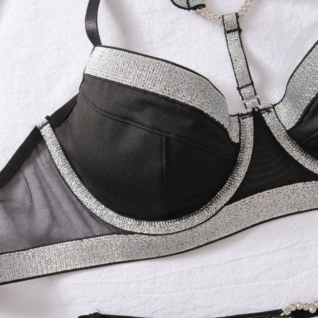 Women's Sexy Fashion Lingerie Set Heart Ring Buckle Sheer Mesh See Through Colorblock Contrast Color Push Up Underwear Set