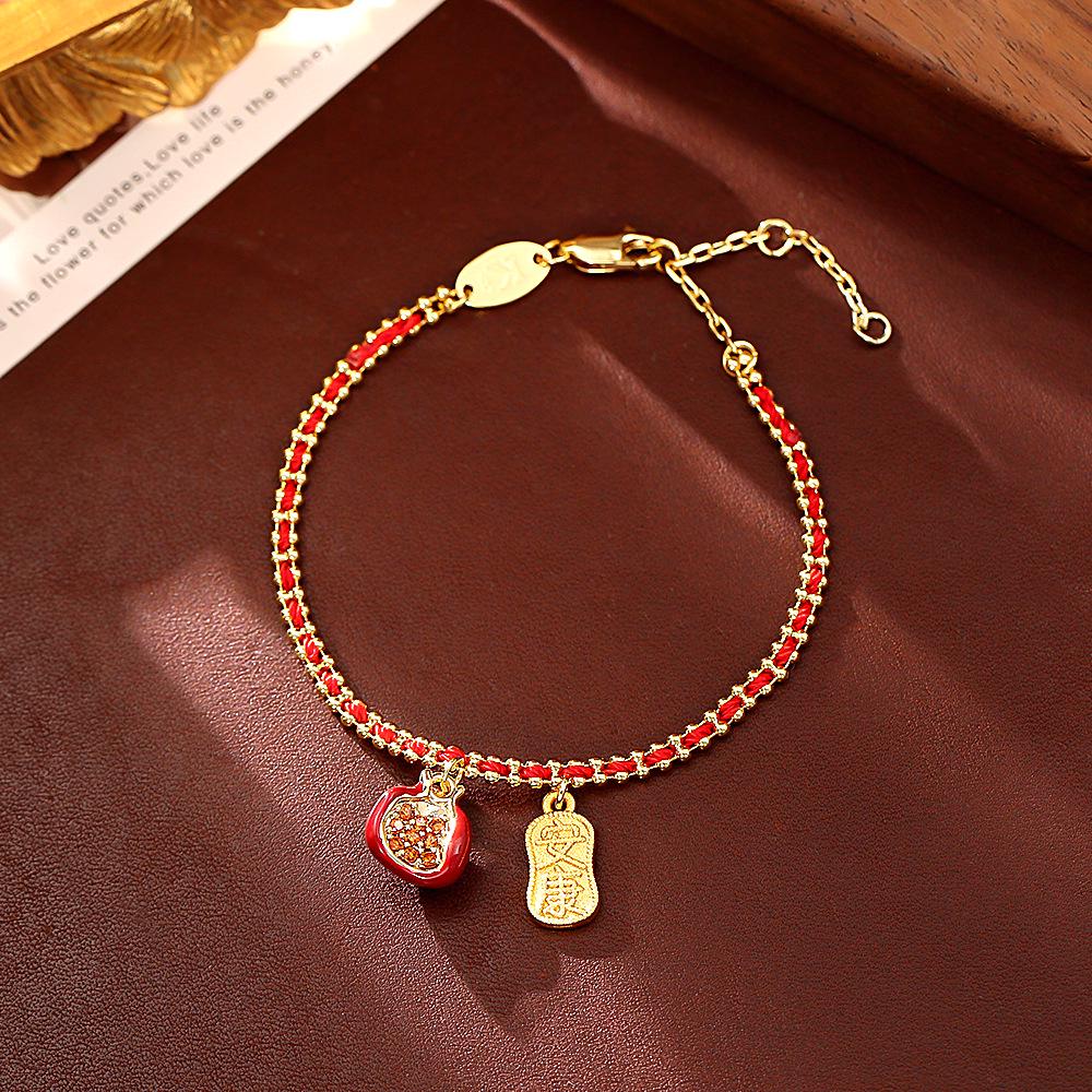 Festive Red Pomegranate Zircon Pendant Necklace & Enamel Bracelet with High-End Earrings Set