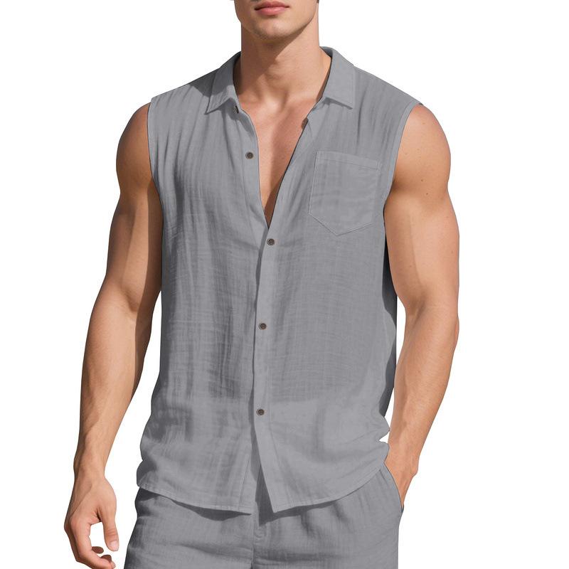 New linen solid color shirt men's summer sleeveless loose casual lapel vest