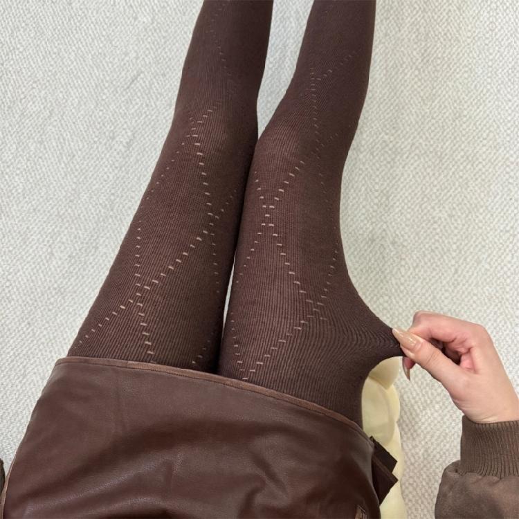 Women Hollowed Plaids Pattern Stockings Cotton Pantyhose Solid Color Winter Opaque Tights Bottoming Leggings Hosiery