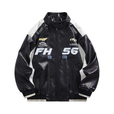 Large Size Embroidered Fashionable Jacket Stand Collar Casual Spring and Autumn New Zipper Slim Fit Men's Motorcycle Leather Jacket