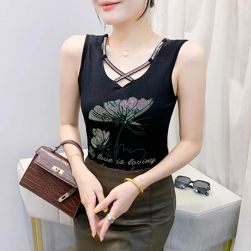 New Summer European Rhinestone Flower Clothes Women's Sleeveless T-shirt Elegant Chic Hot Diamonds Tees Sexy Girls Slim Streetwear Flower Tank Top
