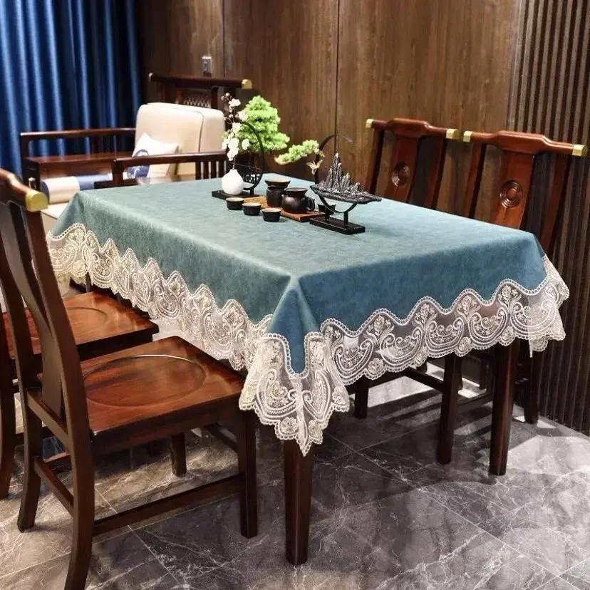 Tablecloth Waterproof and Oil Resistant Lace Embroidery Edge PU Table Cover Home Dining Table Decoration Mat