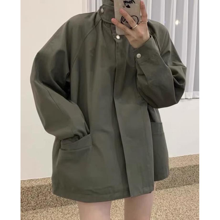 Women's Korean Autumn Retro Stand-Up Collar Cape Trench Coat with Large Pockets