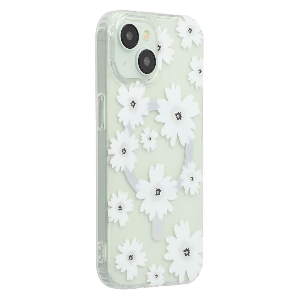 For iPhone 15 Magnetic Case IMD Flower Pattern TPU+PC Clear Back Phone Cover
