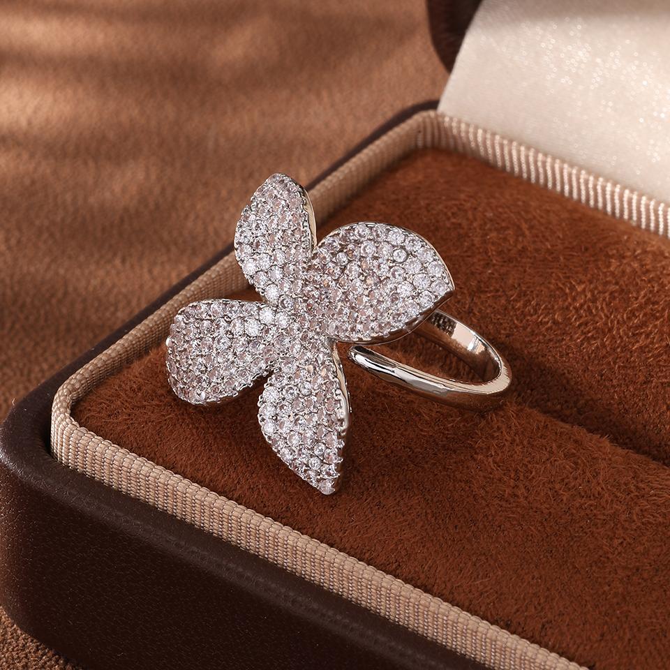 

ZAKOL Luxury AAA Cubic Zirconia Leaf Flower Adjustable Open Rings Shiny Crystal CZ Engagement Wedding Zircon for Women