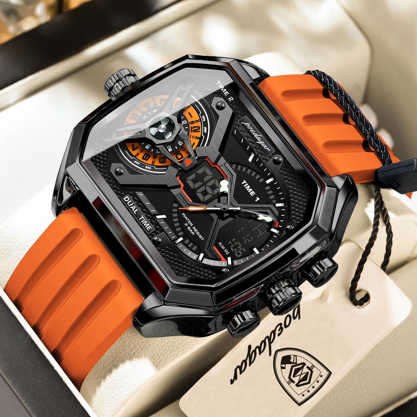 

POEDAGAR Fashion Sports Men Clock Date Week Luminous LED Quartz Watch Silicone Dual Time Electronic Military Watches