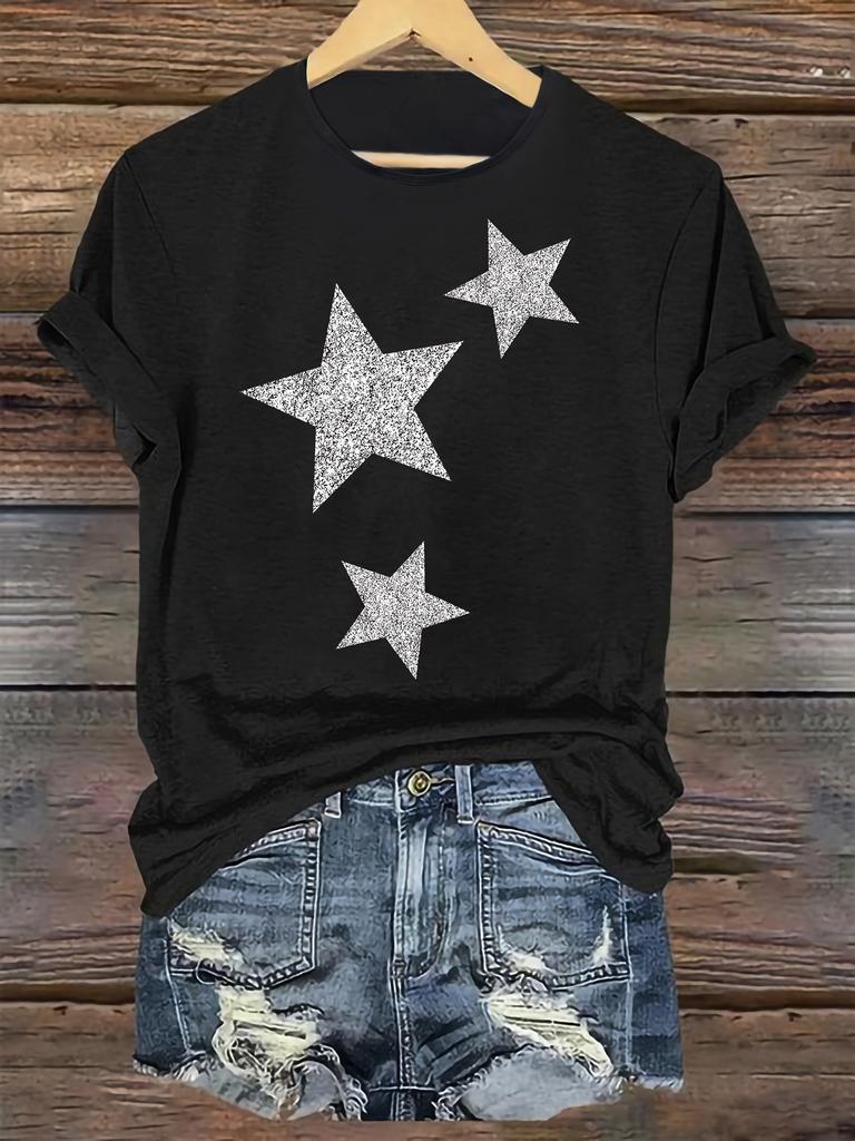 Women's Casual Round Neck Short Sleeve T-Shirt Sparkling Star Print Loose Fit Summer Fashion Regular Length Spring/Summer Wear