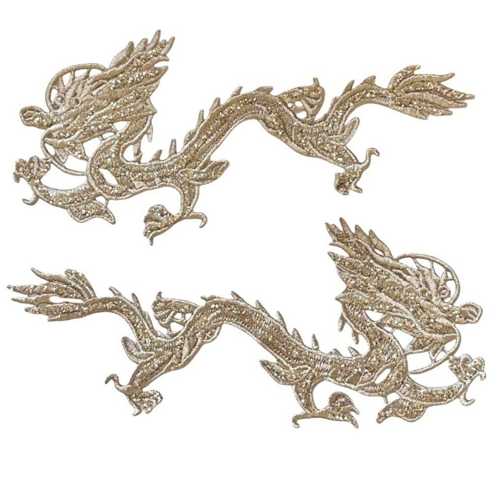2 Pieces Sequin Decoration Embroidered Dragon Cloth Patch Chinese Style Sew On Patch  Bridal Gown