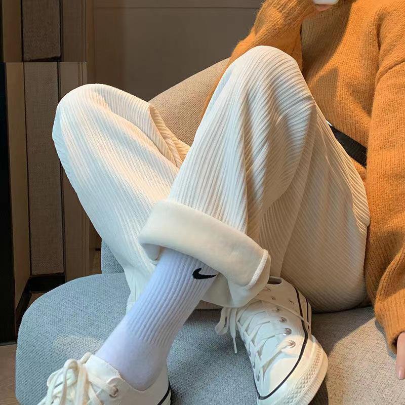 Cord Wide Leg Hose Damen Creme Hose Fleecegefüttert Hohe Taille Gerader Schnitt Fließend Chenille Lässig Herbst Winter