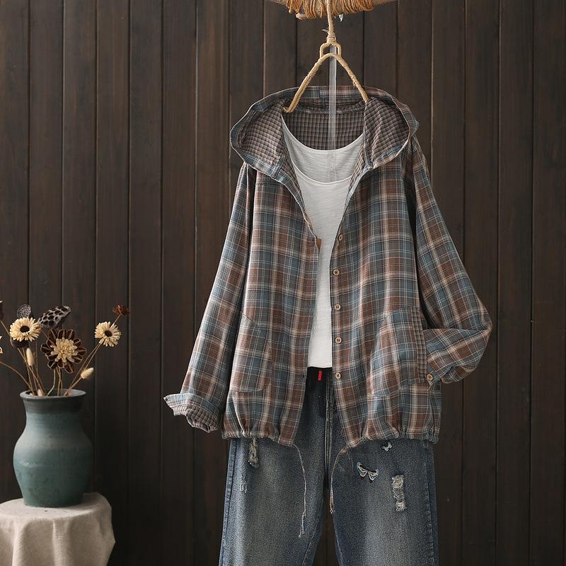 Свободные клетчатые рубашки с капюшоном из чистой хлопковой пряжи для женщин, осенние, весенние, повседневные блузки, женские худи, классическая куртка, верхняя одежда One Size