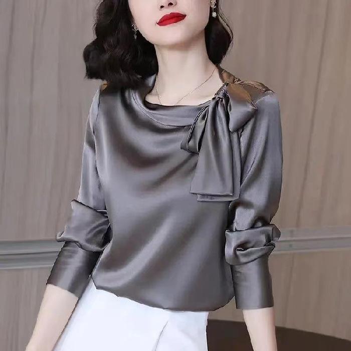 Spring and Autumn Fashion Satin Shirt Women's Design Bow Top Mother Long-sleeved T-shirt