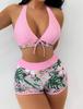 Fashion Women's High Waist Boxer  Print Solid Color Patchwork Swimsuit Bikini