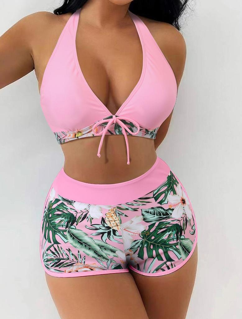Fashion Women's High Waist Boxer  Print Solid Color Patchwork Swimsuit Bikini