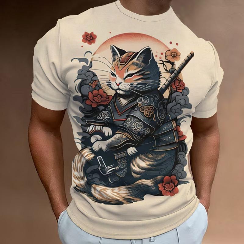 New Retro Men's T-Shirt 3d Samurai Cat Print Short Sleeve T-Shirt For Men Fashion Oversized Man Clothes