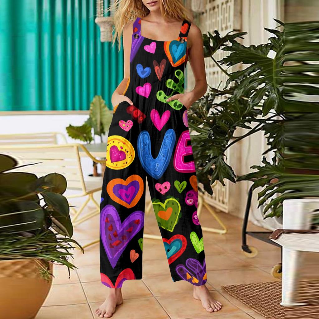 Women's Heart,shaped Printed Casual Loose Retro Overalls Cotton and Linen One,piece Pants