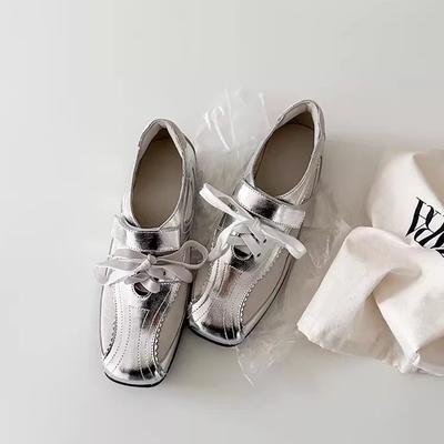 Cowhide Version~ Silver Retro Mary Jane Shoes Women's 2025 New Versatile Lace-up Inner Height-increasing Ballet Shoes Single Shoes
