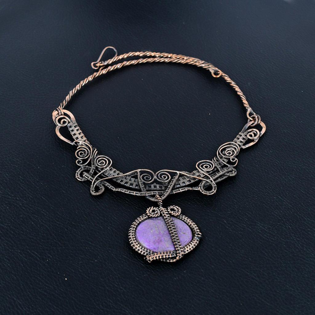 Purpurite 999 Copper Wire Wrapped Necklace with Adjustable Chain, Handmade Gemstone Jewelry Necklace For Memorial Day