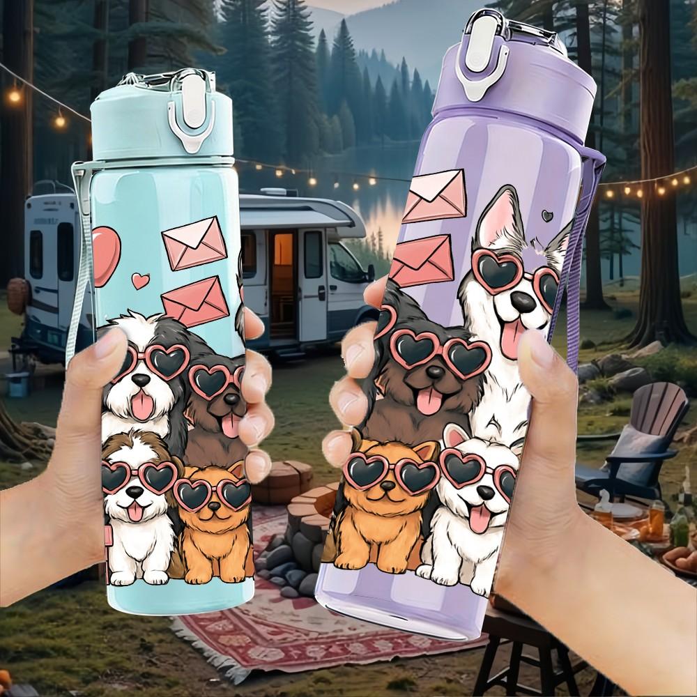 1PC Multiple Dogs Heart Love Print 750ml Color Plastic Sports Water Bottle Leakproof Flip Straw Lid Suitable for Sports Office Home Use