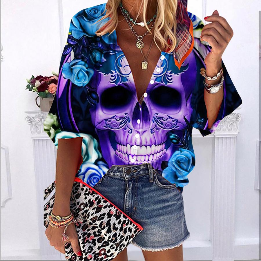 

2023 Лето Осень Новая мода Женские топы Красивый скелетон с принтом Повседневная рубашка больших размеров на пуговицах больших размеров с пузырчатыми рукавами