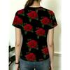 Women's T-shirt with Red Rose Full Print Retro Romantic Round Neck Top