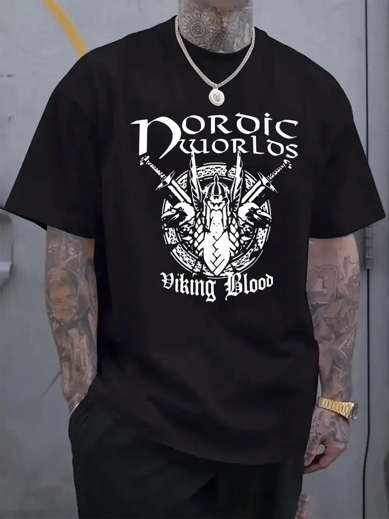 Norse Viking Graphic T-shirt - Casual Crew Neck Short Sleeve Tee with Detailed Viking Ship Design