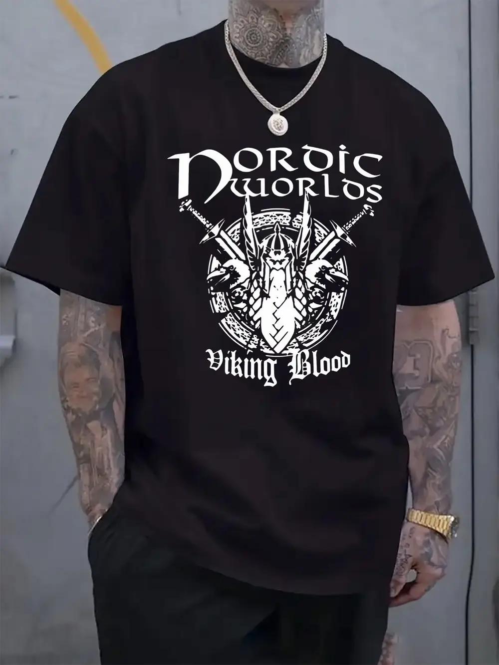 Norse Viking Graphic T-shirt - Casual Crew Neck Short Sleeve Tee with Detailed Viking Ship Design XL