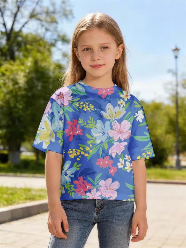 Girl Clothes Fashion Flower 3D Print Kids Short Sleeves T-Shirt Loose Casual Summer Tops Outdoor Comfortable Children's Clothing