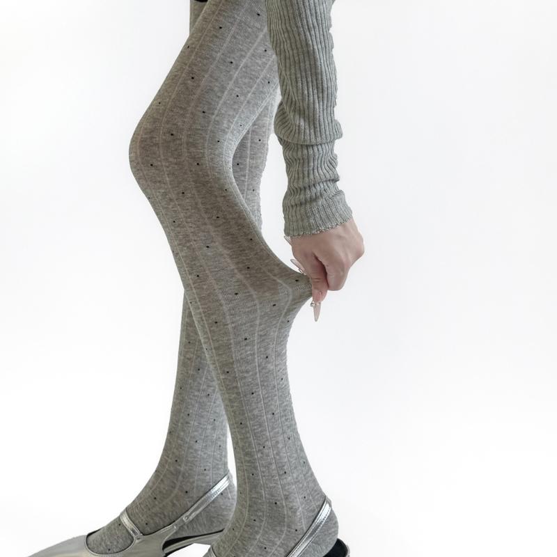 Women's High Waist Thermal Winter Fall Opaque Tights Dots Pattern Elastic Waistband Soft Cotton Ribbed Fabric Pantyhose