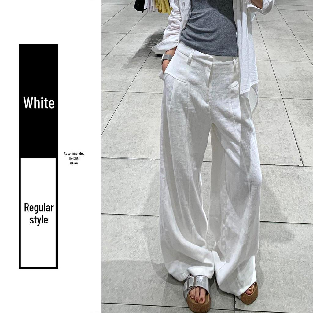 Korean High-Waisted White Wide-Leg Pants, Spring 2026 - Women's Drapey Old Money Style Cotton Linen Trousers
