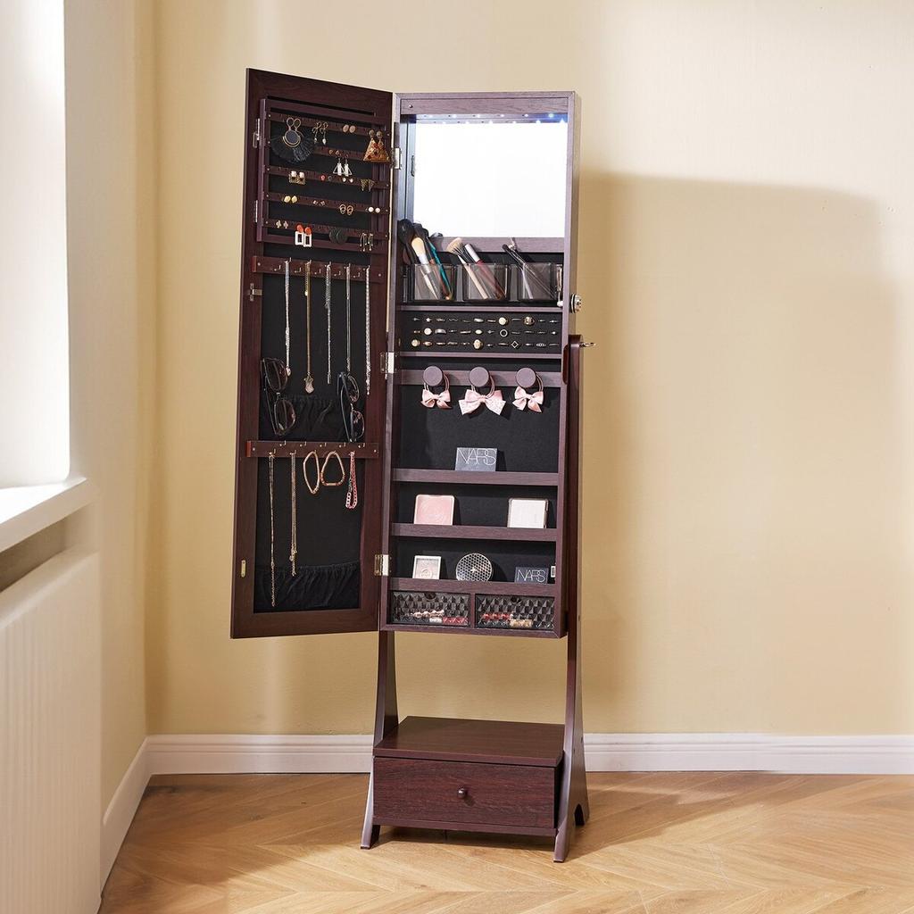 Mirror Jewelry Cabinet Standing Mirror with Storage Full Length Brown