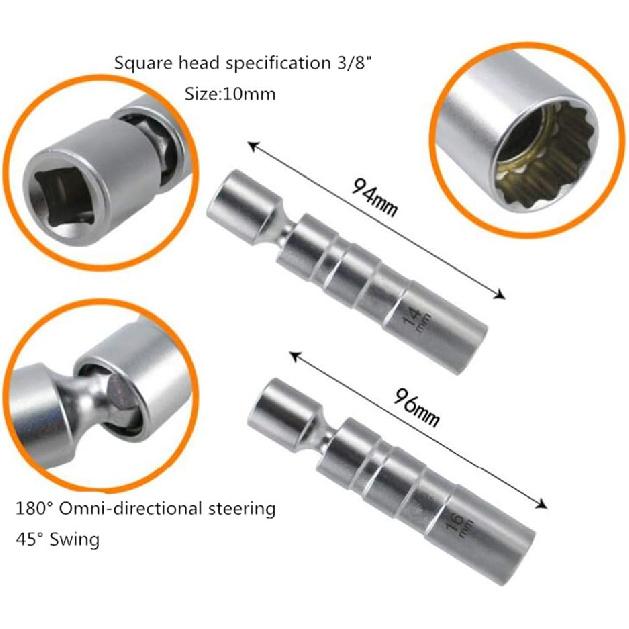 QISF 14MM & 16MM Thin Wall Magnetic Swivel Spark Plug Socket - 3/8-Inch Drive 12-Point Spark Plug Socket Removal Tool - Swivel Extension Permits