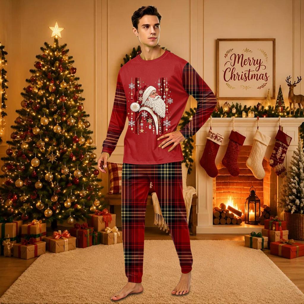 Christmas-print long-sleeve and long-pant matching family loungewear set