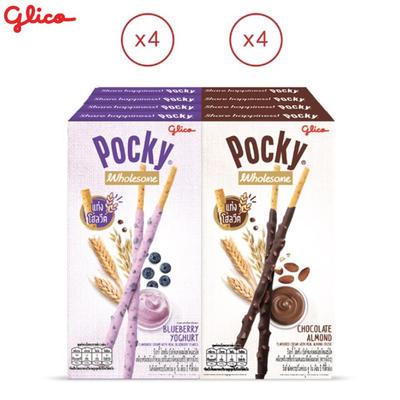 Glico Pocky Wholesome Duo Set, Keksstangen mit Blaubeerjoghurt und Schokoladenmandeln überzogen, 36 g x 8 Stück – Thai-Snack