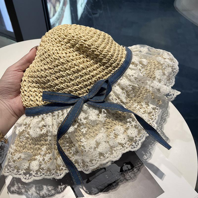 Summer atmosphere lace edge bow woven straw hat female sweet idyllic big brim sunshade sun protection hat