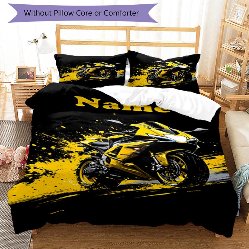 3pcs Custom Name Motorcycle Bedding Set Duvet Cover Closure Includes 1 Duvet Cover & 2 Pillowcases, Soft and Comfortable for All Seasons.