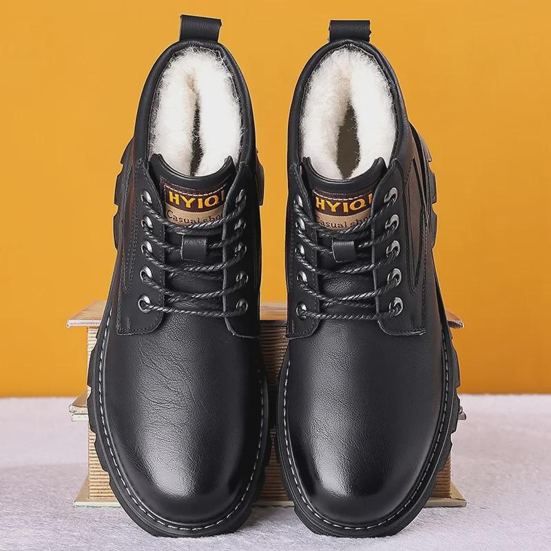 Pánské zimní boty středního střihu v britském stylu z černé kůže se sametovou podšívkou