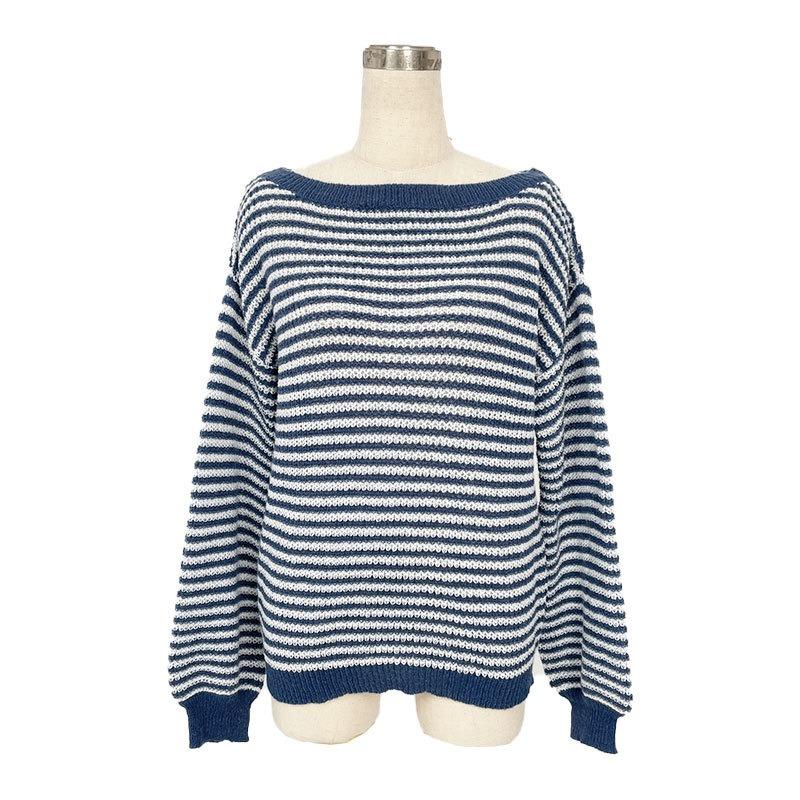 Fashion One-word Neck Striped Off-the-shoulder Knitted Women Sweater Autumn and Winter Pullover Loose Simple Office Sweaters Casual Long Sleeve Tops