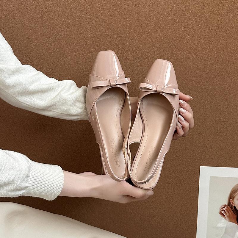 French gentle style temperament lady bow thick heel bag head sandals women's 2025 spring and summer new square head single shoes