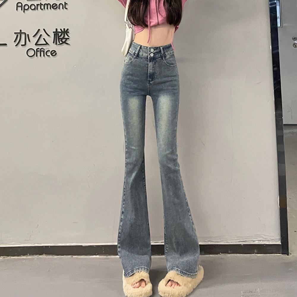 High-waisted and slightly pulled jeans for women's 2025 autumn and winter new thin and slim elastic floor-mopping horseshoe horn trousers