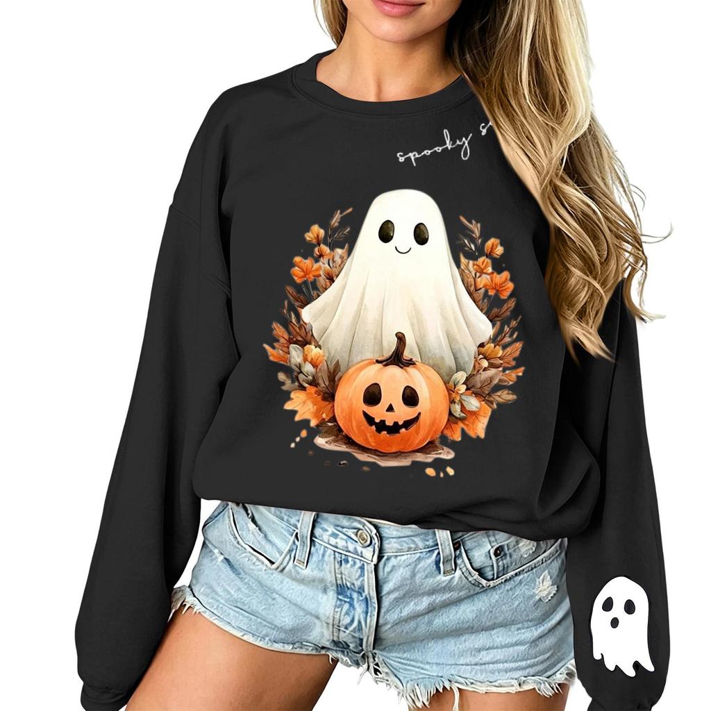 Unisex Halloween Print Long Sleeve Neck Pullover Sweatshirt, Lightweight Casual Top for Men and Women