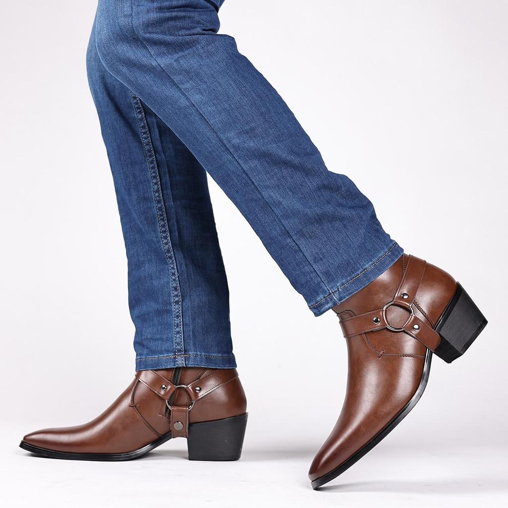 Men's PU Leather Pointed Toe Chelsea Boots Buckle Straps Side Zipper Chunky Low Block Heel Western Formal Retro Dress Booties Ankle Boots for Men