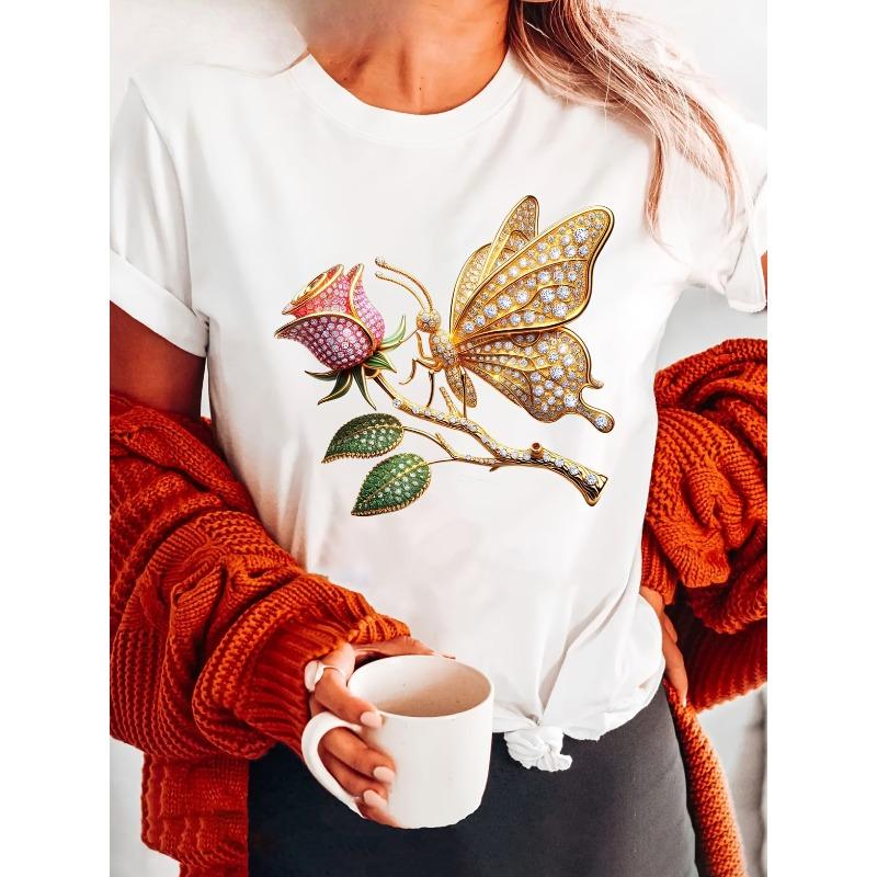 

Европейские размеры Футболка с принтом «Алмазная Бабочка Роза», короткий рукав, круглый вырез, повседневный топ для лета и весны, Женская одежда S белый